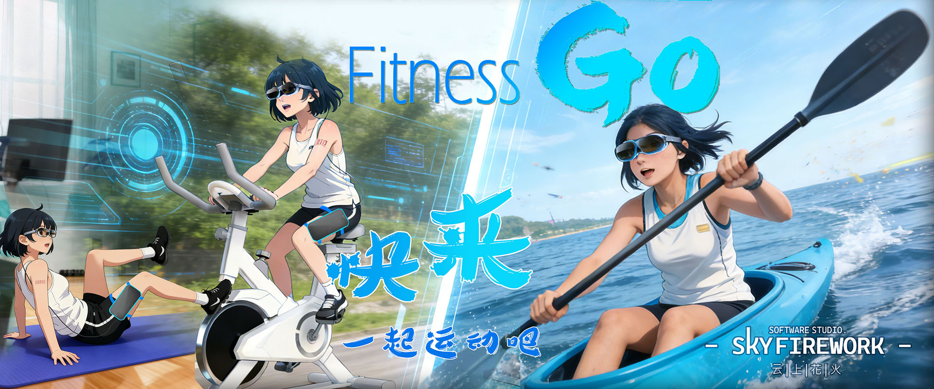FitnessGO gameplay screenshot: AR interface showing pedal cadence and virtual island path