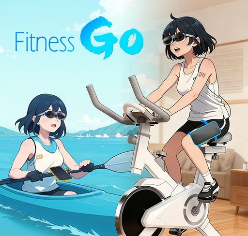 FitnessGO theme art: person wearing Rokid AR glasses, cycling in virtual island